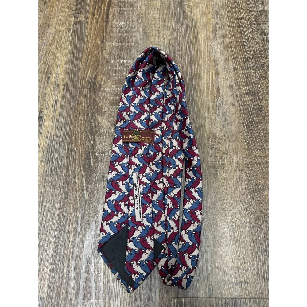 Vintage 1989 MC Escher Bird Tessellation Silk Tie The Boxelder Company Burgundy